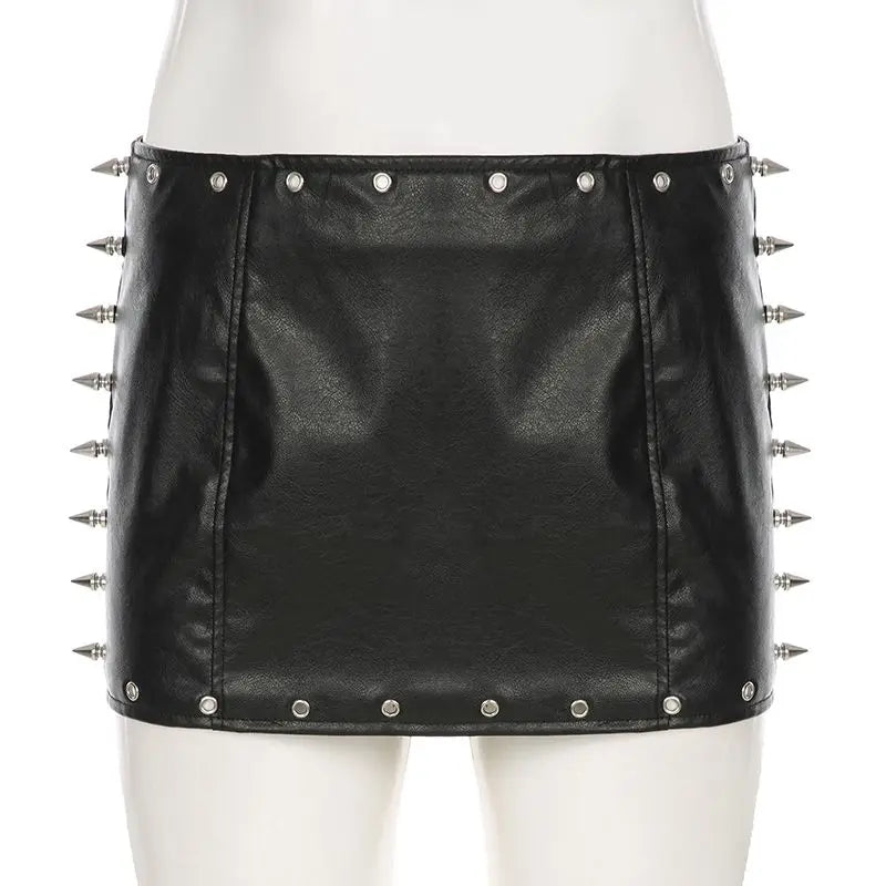 Punk Rock Leather Mini Skirt Women Y2K Studded Low Waist Bodycon Pencil Skirt Edgy Biker Chic Vintage American Retro Hot Sale