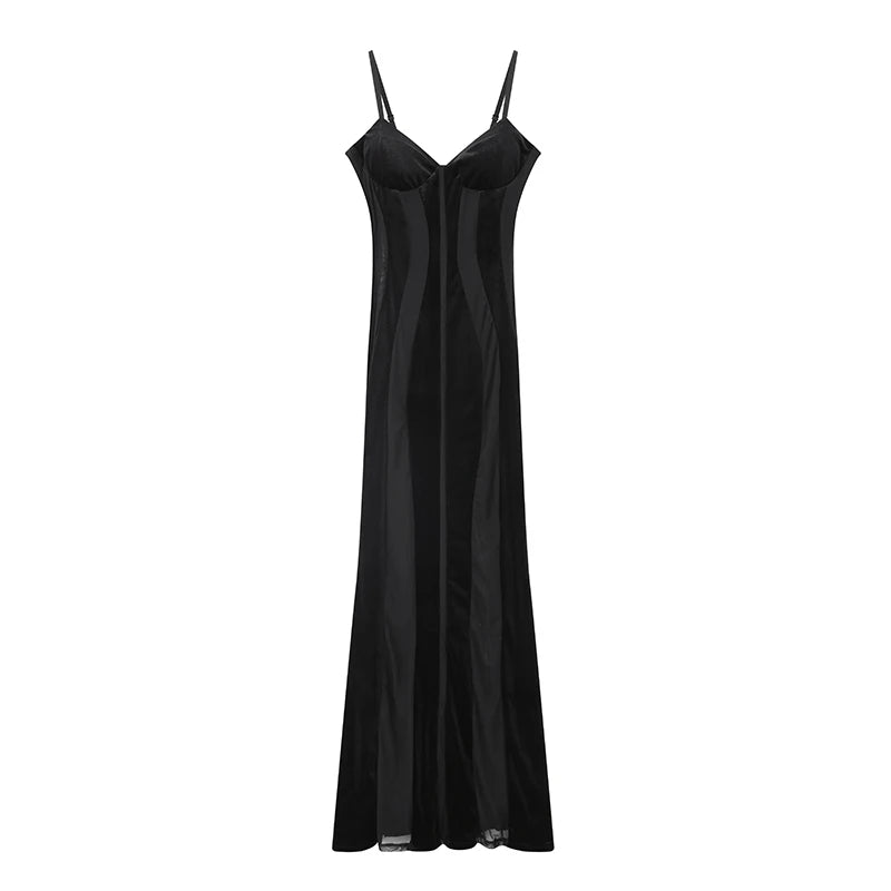 Women Black Velvet Sheer Maxi Dress Sexy Chic Mesh Patchwork Off-shoulder Waist Cinching Slim Maxi Dresses 2026 Club Party Gowns