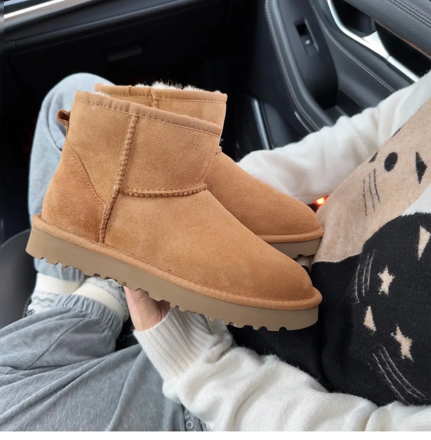 5854 men's and women's sheepskin and wool snow boots, integrated fur and leather, winter thick and warm women's boots
