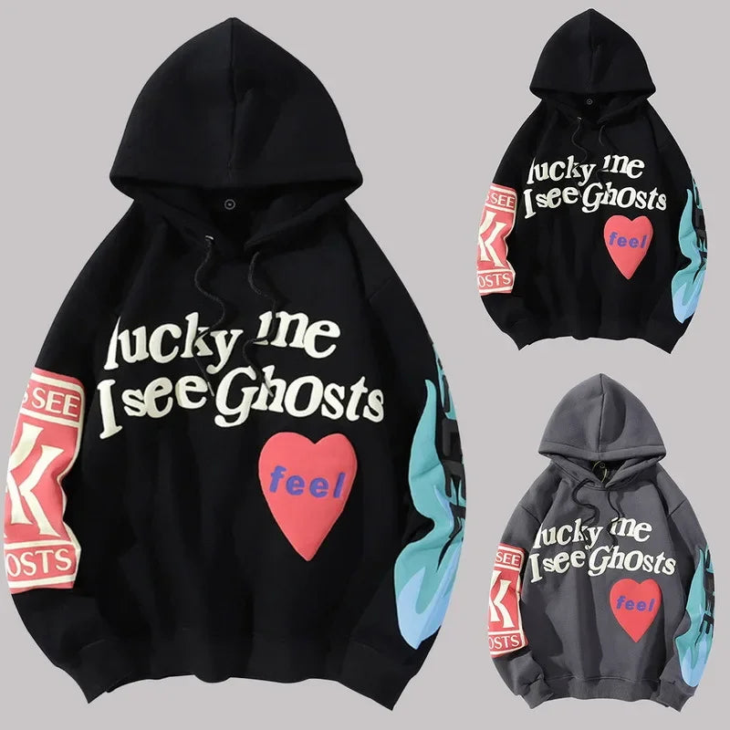 Harajuku Weirdo Graffiti Letter Printed Hoodies Men 2025 Lucky Me I See Ghosts Mens Hooded Sweatshirt Fleece Pullover Streetwear