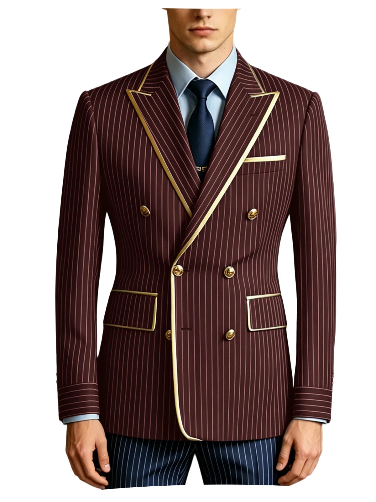 Men's Double Breasted Pinstripe Blazer Slim Fit Formal Business Suit Jacket Luxury Gold Trim  Tuxedo for Wedding Party Office