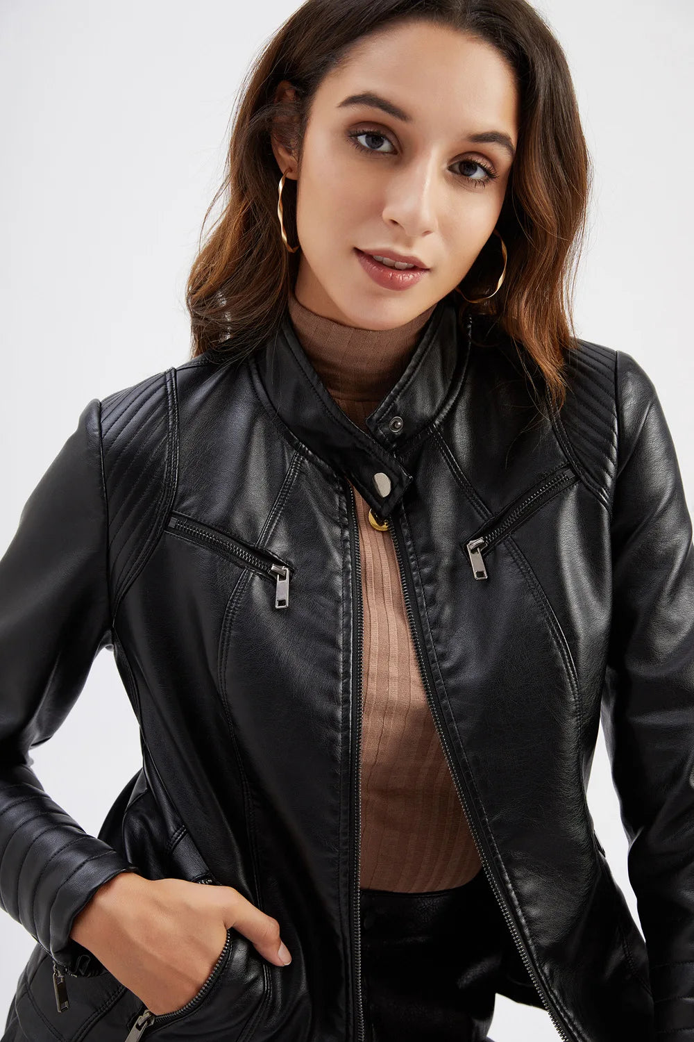 2026 New Women's Slim Leather Jacket, Stand-up Collar, Zipper Stitching, Monochromatic PU Coat, Fashion Clothing.