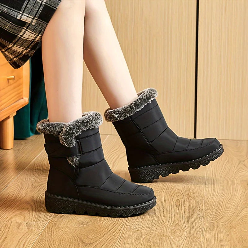 Women Winter Mid Calf Snow Boots Thick Plush Lined Warm Booties Magic Strap Waterproof Non Slip Flat Sole Thermal Shoes for Daily Walking Cold Weather Black Navy Wine Red Multi Colors Ladies Casual Winter Footwear