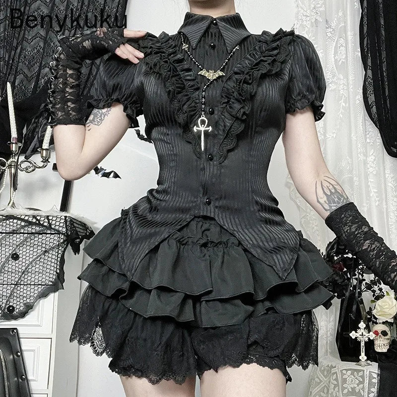 Gothic Punk Girls Kawaii High Waist Shorts Skirts Lolita Vintage Lace Ruffles Shorts Y2k E-girl Black Women Pumpkin Bloomers
