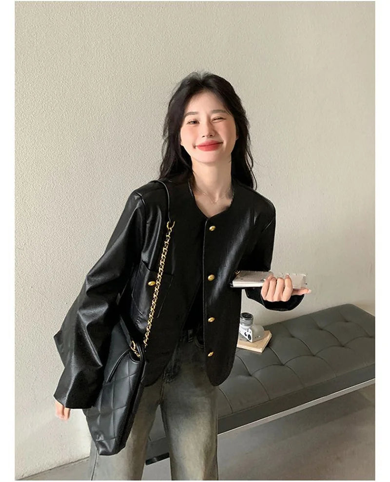 Small Fragrance Leather Jacket Women's Spring Autumn 2026New PU Leather Coat Lady Short High Sense Outerwear Popular Female Tops