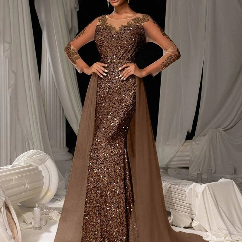 Luxury Long Sleeve Slim Dress Elegant V-neck Lace Sequin Mesh Spliced Evening Dress Fashion Solid Color High Waist Glitter Dress