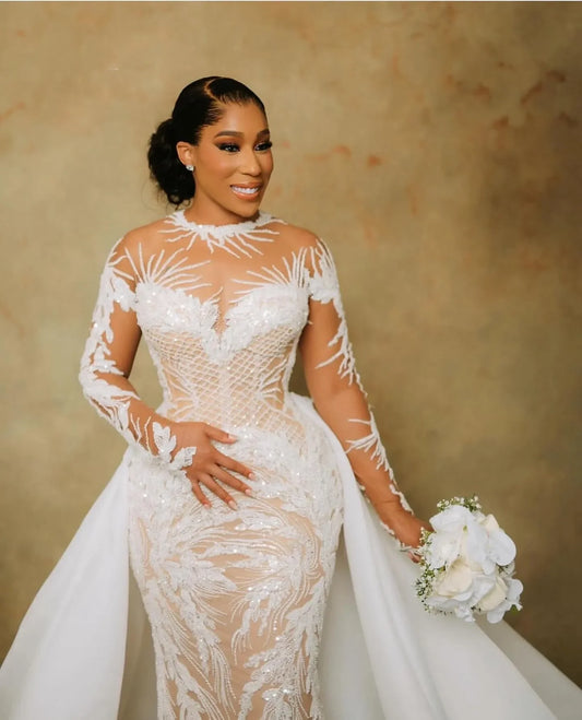 Customized Luxury Africa Aso Ebi Plus Size Illusion Mermaid Ivory Wedding Dress Beaded Sequined Lace Bridal Gowns Dresses
