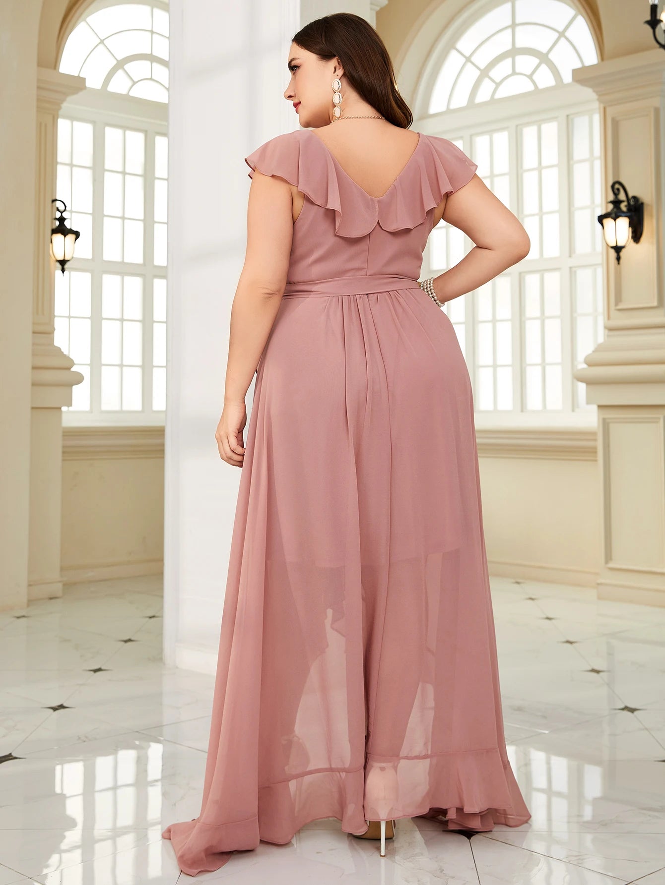 Unithorse Plus Size Women Summer Asymmetric Ruffle Lace Dress With Waist Belt Elegant Chiffon Formal Bridesmaid Dress