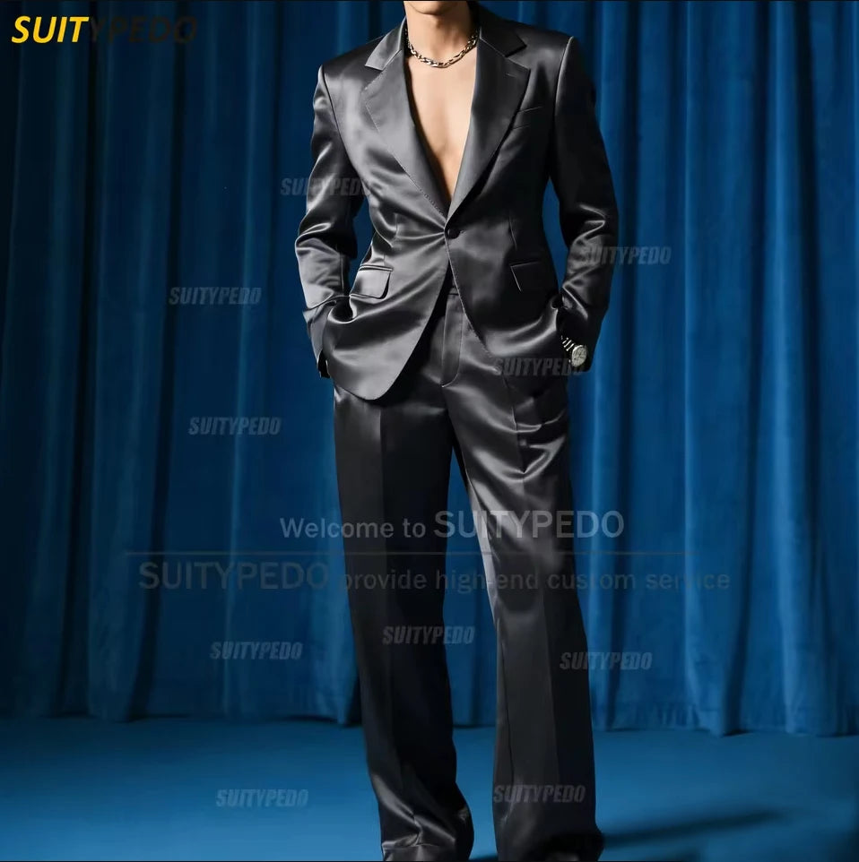 Fashion Royal Blue Satin Party Prom Men's Suit Sets 2 Pcs Blazer And Pants Brief Solid One Button Notch Lapel  Homme Costumes