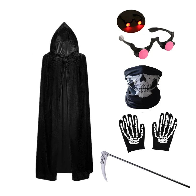 Scary Halloween Costumes for  - Red-eyed Reaperwith Hood and Scythe Easter Cape with Scythe and Glowing Glasses