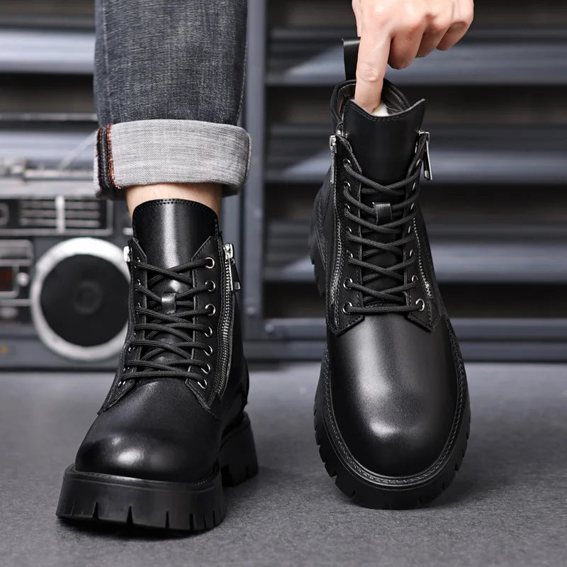 Motorcycle Boots Men's High Top Boots High Quality Mens Leather Shoes Fashion Outdoor Sneakers Men Lace Up Non-Slip Ankle Boots