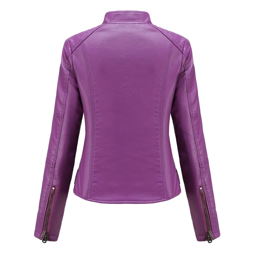 Women Moto Biker Zipper Jacket 2026 Faux Leather Jacket Women Spring Autumn Coat Black Brown Red Purple Navy Coffee Black XS 4XL