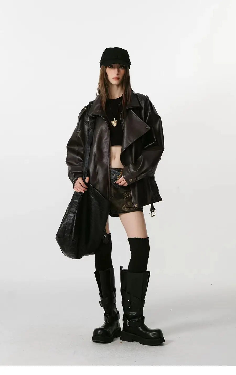 Vintage American Biker Leather Jacket 2026 Women Loose Fit Versatile Design Details Zip Up Stand Collar Chic Casual Outerwear