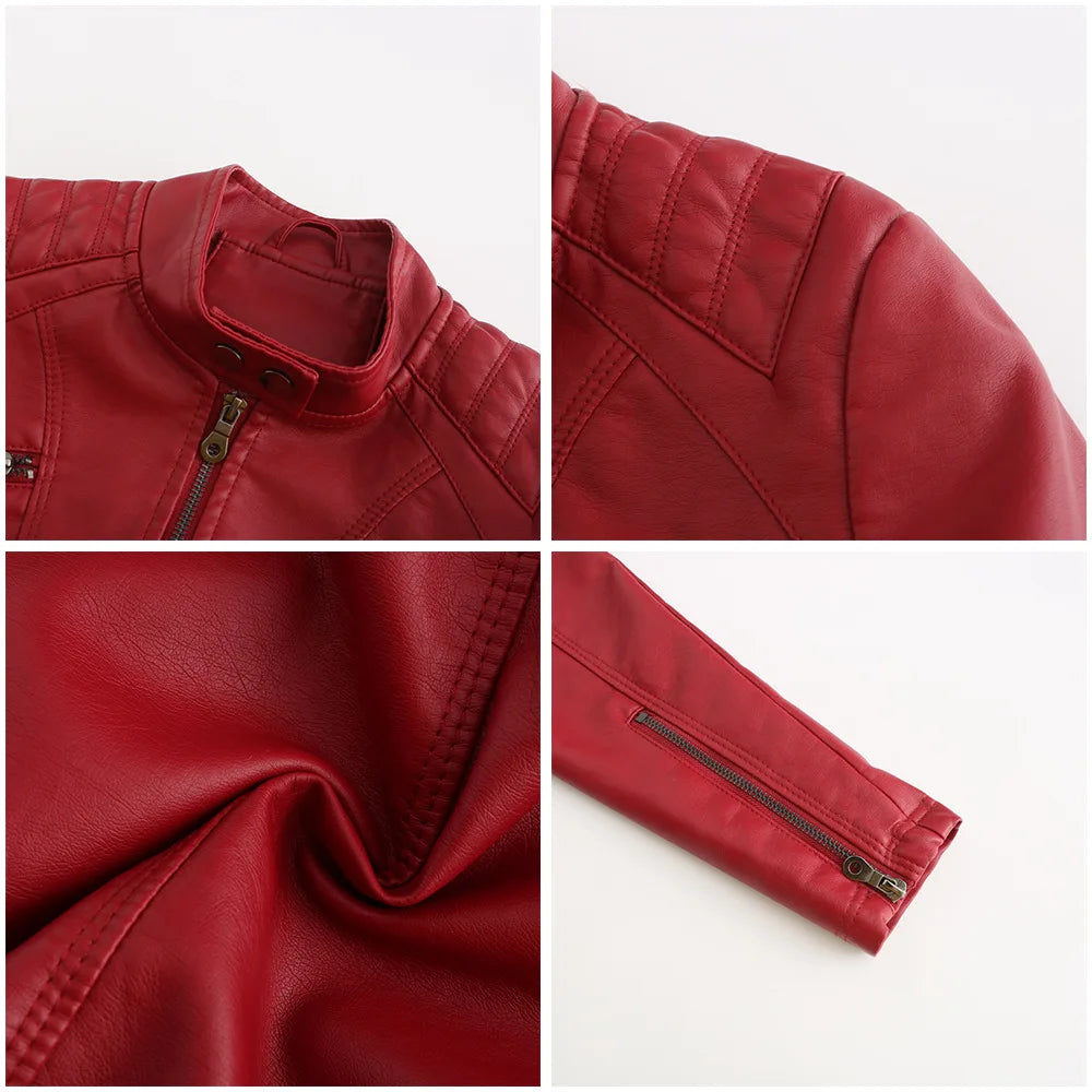 Ladies casual stand-up collar jacket Slim models women's spring and autumn solid color women's leather jacket