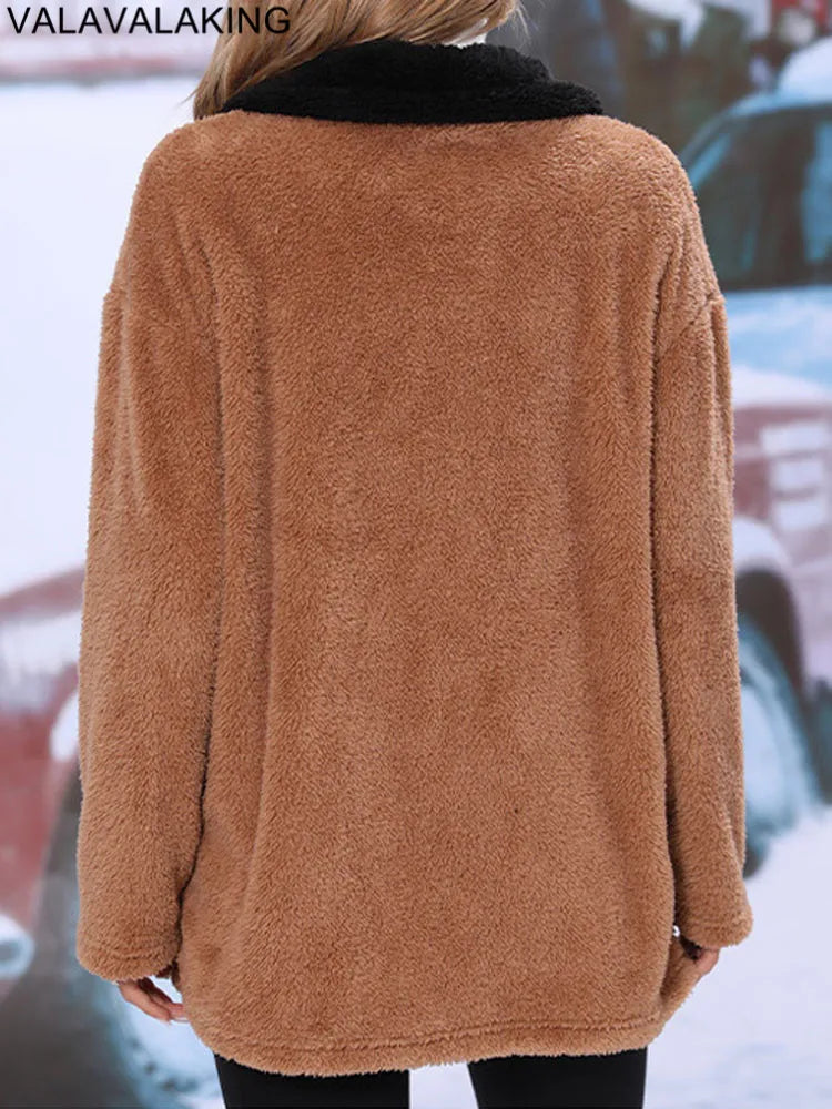 2026 Winter Patchwork Brown Plush Jacket for Women Thick Warm Turn Down Collar Casual Coat Lady Elegant Loose Zipper Long Coat