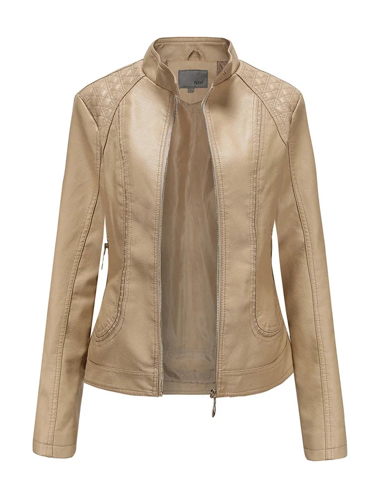 Women's Elegant Stand-up Collar Solid Jacket 2022 Female Three-dimensional Pattern Coat S-4XL New Pu Faux Leather Jacket Women