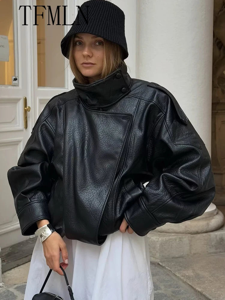 TFMLN 2026 Winter Women Faux Leather Loose Jacket High Street Stand Collar Long Sleeve Coat Fashion Zipper Thicken Outwear