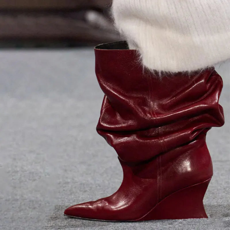 Women's Fashion Pointed Thick Soled Pleated Short Boots, Autumn and Winter Thick Heeled Long Boots, Sexy Runway Women's Boots