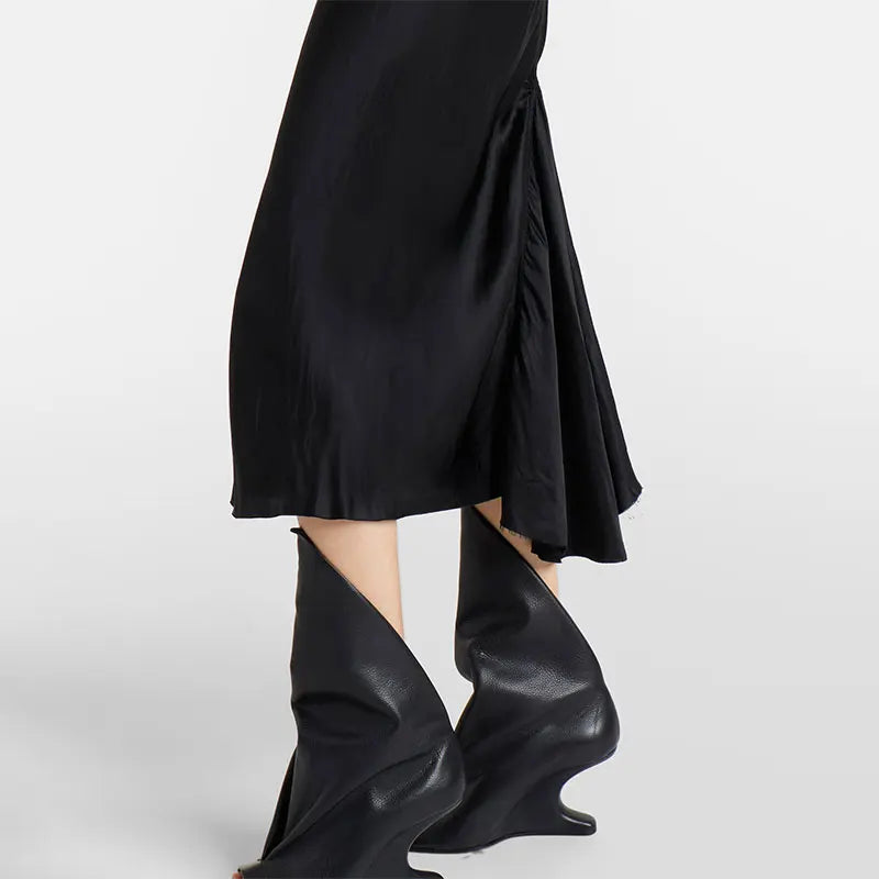 Runway Style Women Peep Toe Tall Boots Sculptural Wedge Heel Draped Pleated Upper Trendy Evening Statement Fashion Footwear