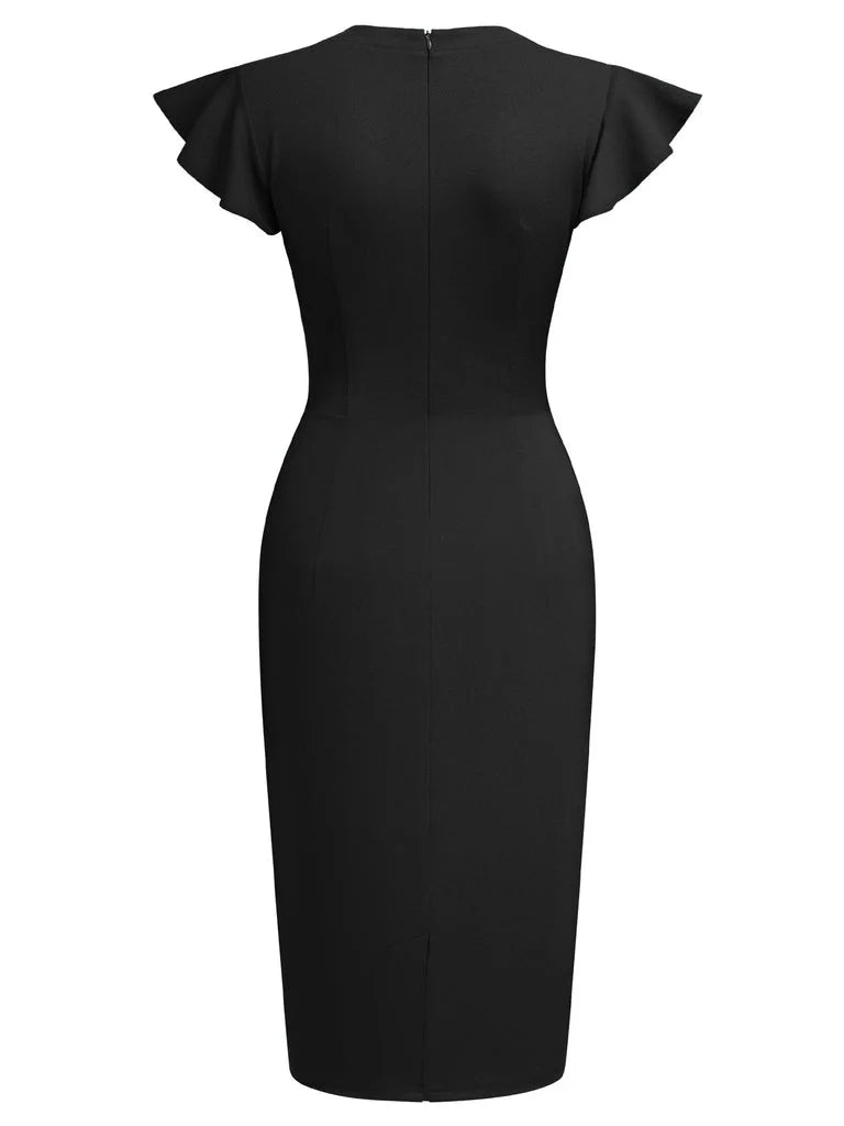 Women Crew Neck Ruffle Vintage Slim Work Office Cocktail Party Knee Length Sheath Bodycon Pencil Slim Dress