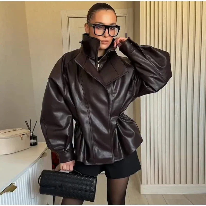 Fashion Solid Faux Leather Women's Jacket  Lapel Waist Cinching Loose Long Sleeves Coat Chic 2026 Spring Autumn New Street Wear
