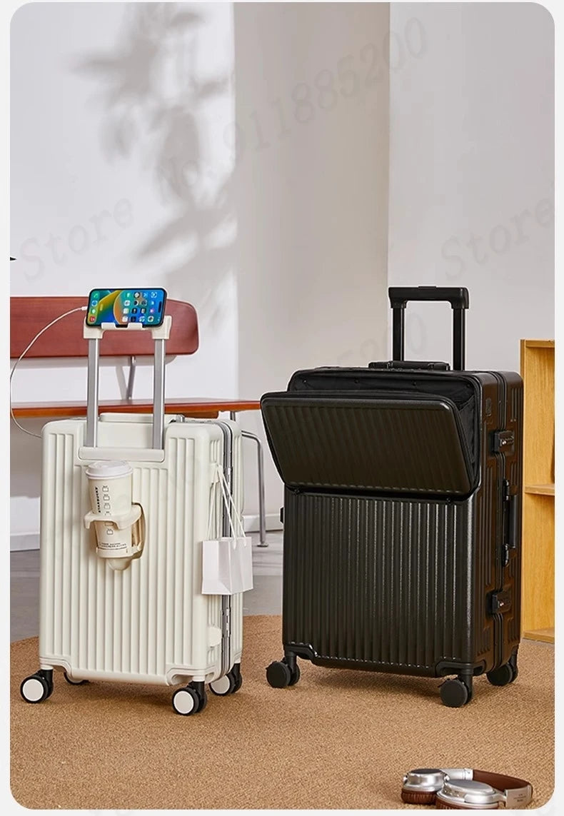 Front-opening Luggage with 24-inch Multi-functional Cup Holder Portable 20-inch Carry-on Suitcase 26-inch Large Capacity