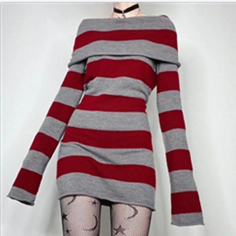 Women Autumn Dress Striped Boat-Neck Long Sleeve Bodycon Short Dress Y2K Gothic Wrapped Hip Party Dresses