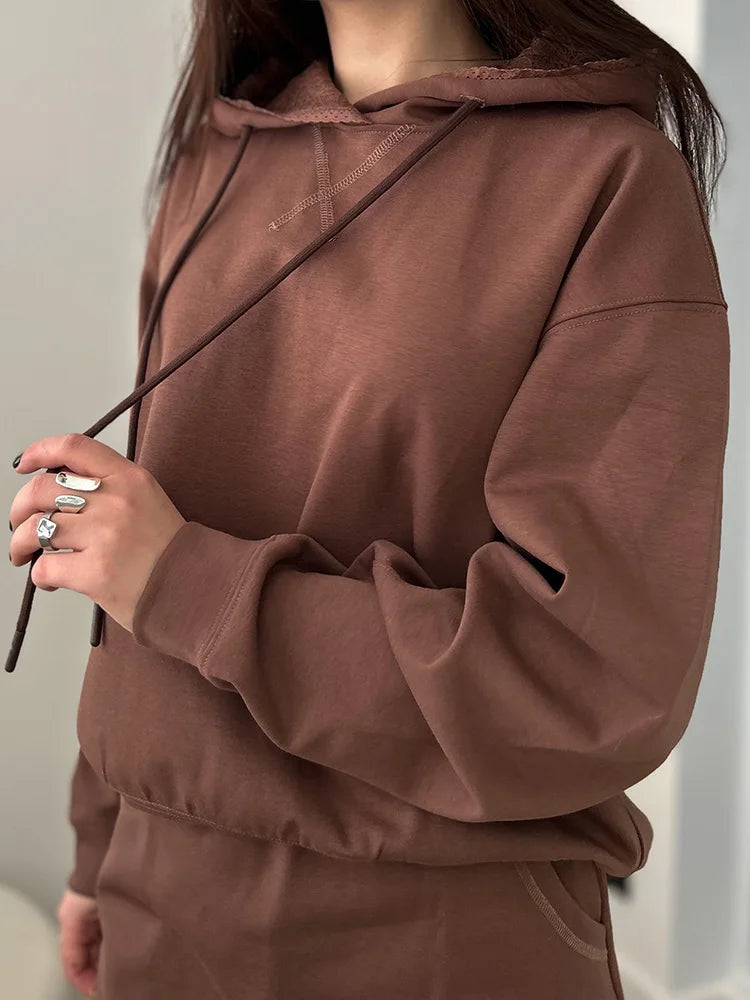 Streamgirl Brown Hoodies With Lace Women Oversize Plain Spring Elegant Butter Yellow Hooded Sweatshirts For Women Oversized