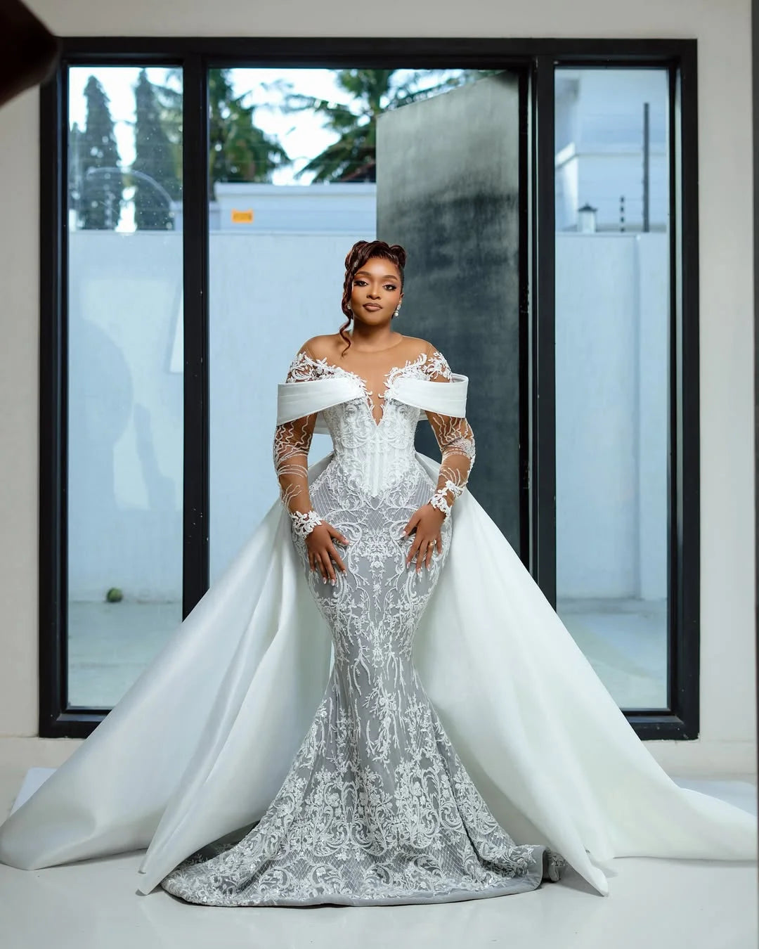 Off The Shoulder Mermaid Luxury Wedding Dresses Detachable Overskirt Long Lace Sleeves Bridal Dress Vestido De Novia Customized