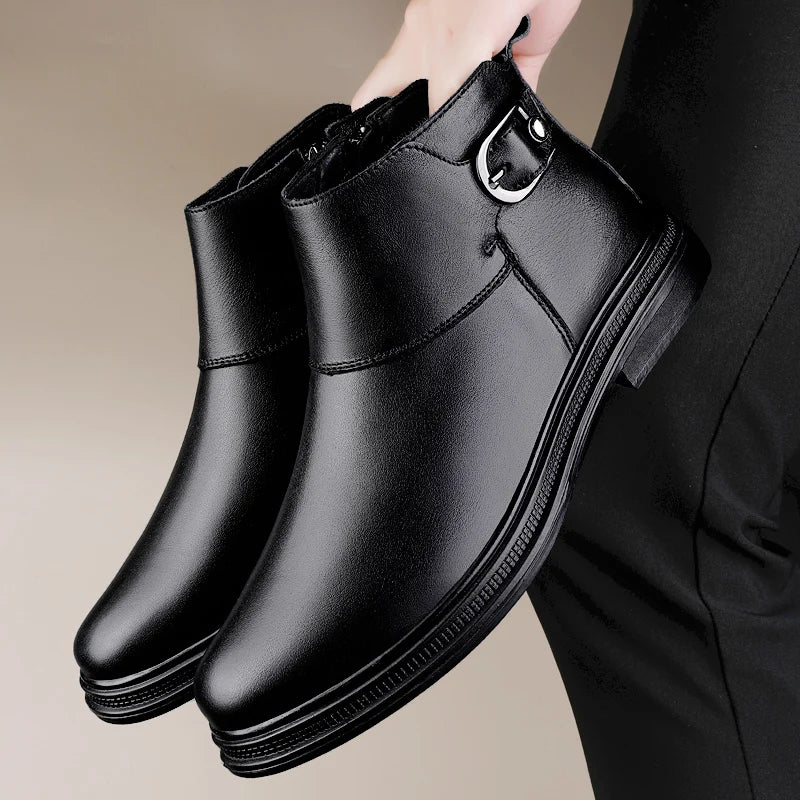 Winter New Fashion Cotton Shoes Men's Plush Genuine Leather Casual Snow Boots Slip on Male Business Footwear Comfy Ankle Boots