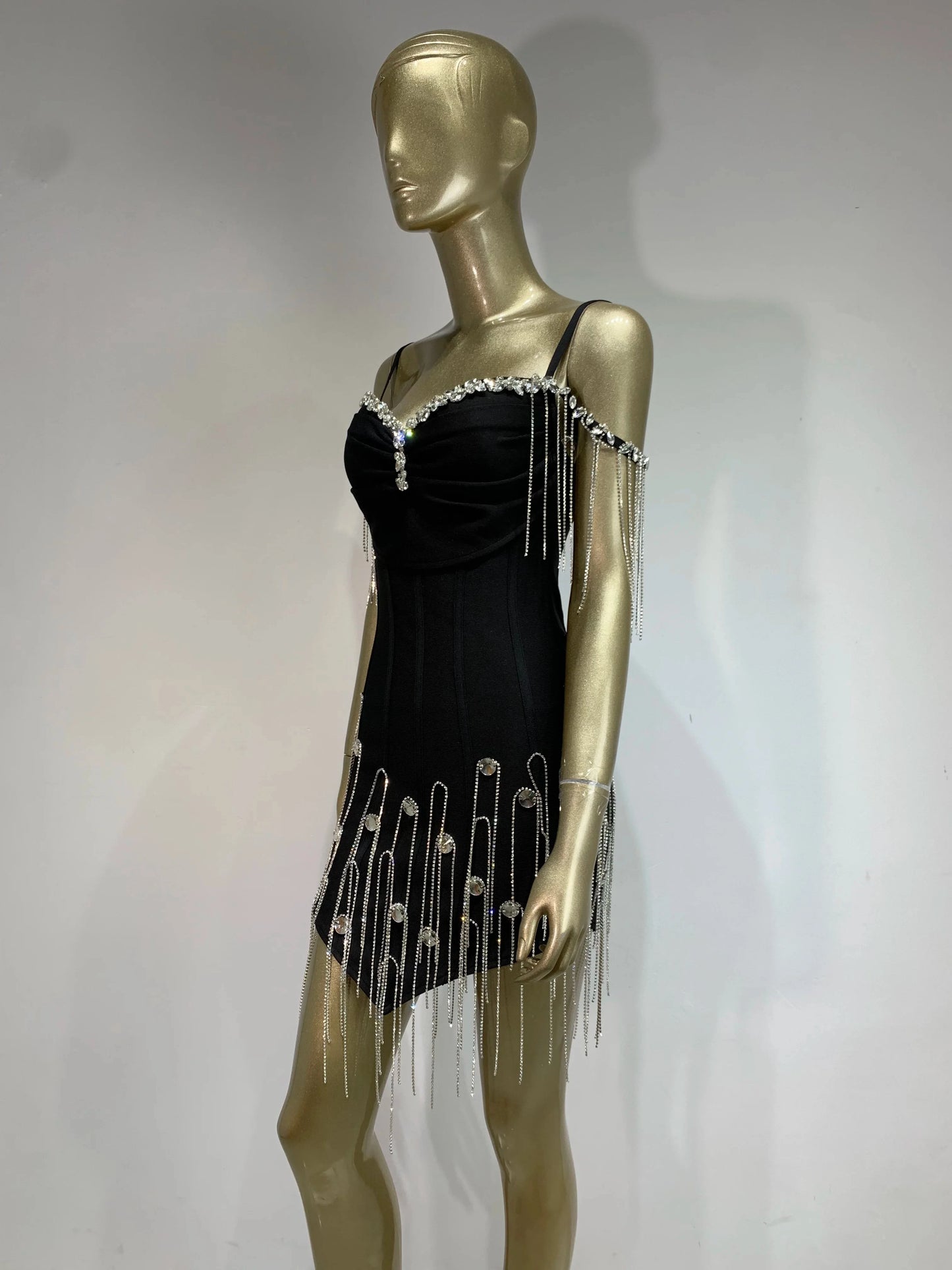 Women Celebrity Sexy Beading Crystal Black White Mini Bodycon Bandage Dress 2024 Knitted Elegant Evening Club Party Outfit