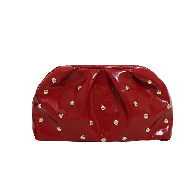 Simple Versatile Clip Evening Handbags for Women Solid Color Rivet Pleated Design Ladies Clutch Female Soft Pu Leather Purse