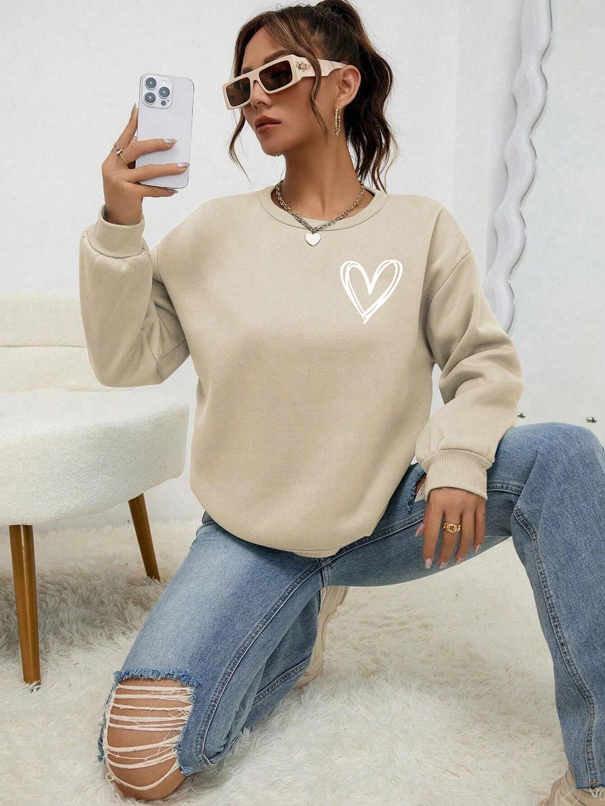 Simple Heart Pattern Printing Sweatshirts For Womens Casual Comfortable Crewneck Hoodies Loose Fleece Warm Sportswear Clothes