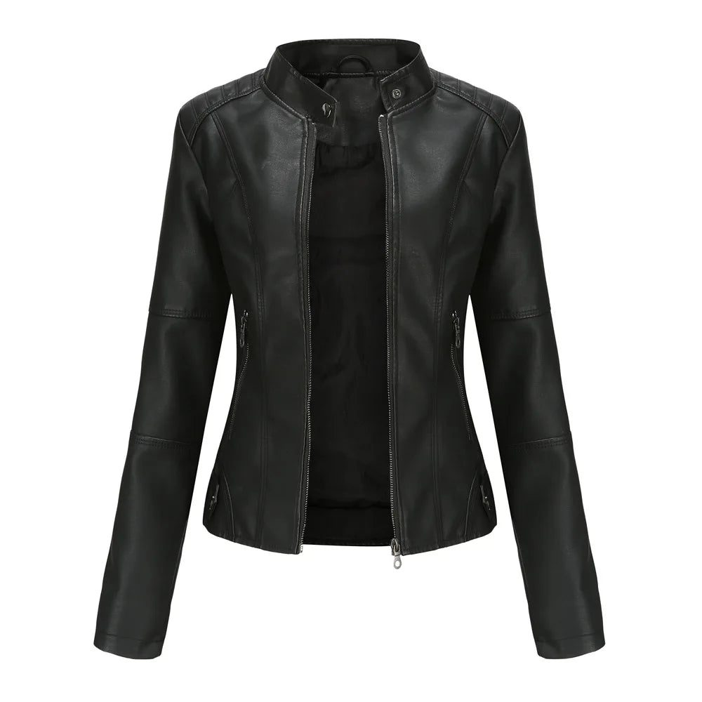 Women's Leather Jacket Women's Slim-Fit Jacket Thin Autumn Jacket Women's Biker Jacket Large Size Standing Collar Leather Jacket