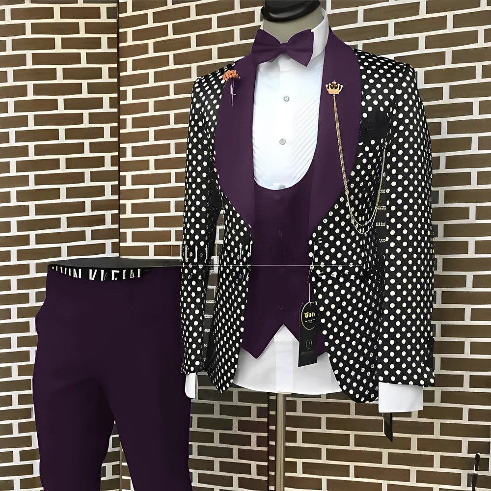 Spotted Men's Suit 3 Piece Set Wedding Groom Tuxedo Custom Slim Fit Blazer Pants Vest Men's Elegant Suit