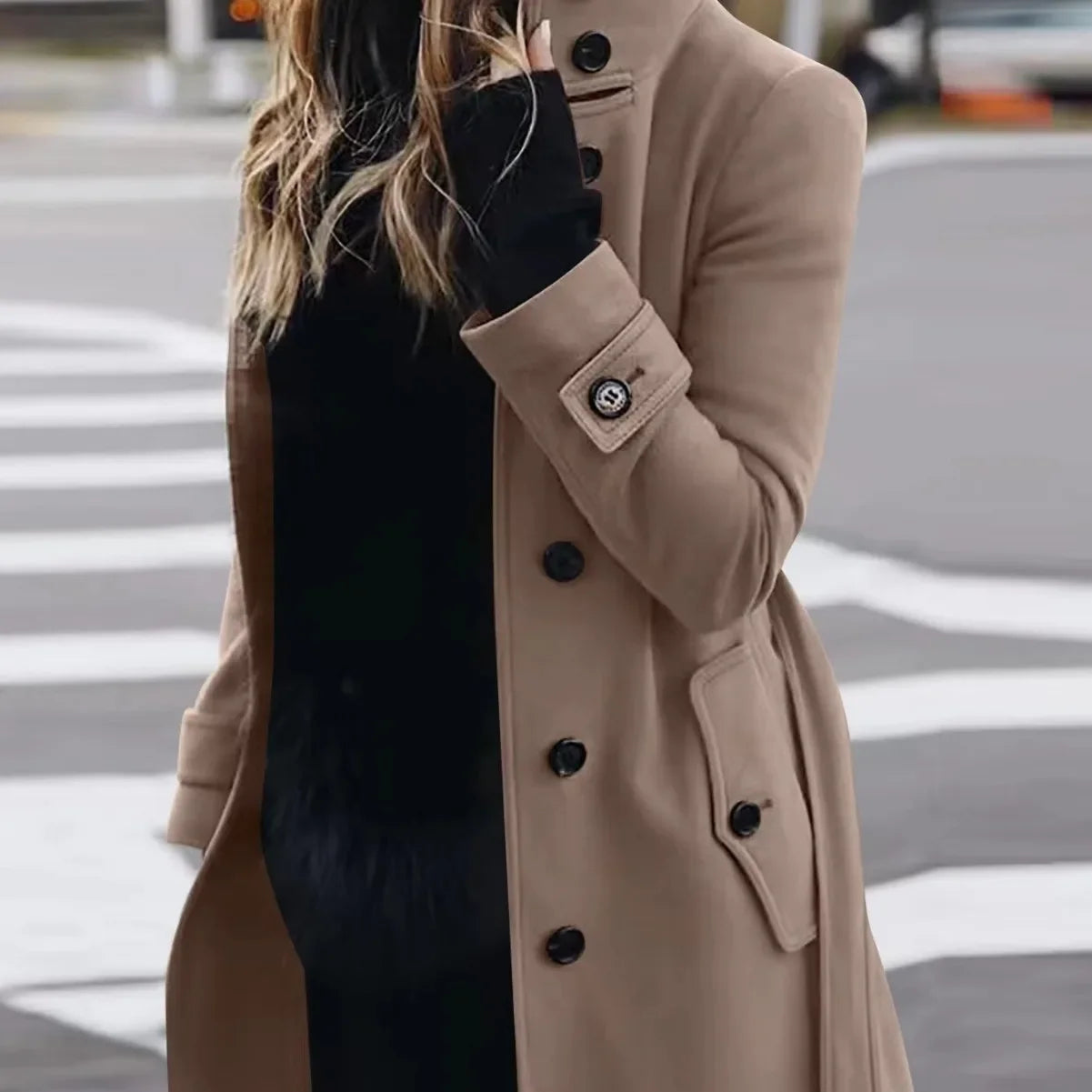 Women Autumn Winter  Wool Coat Blends Overcoat Solid Color Button Turtleneck Long Sleeve Casual Fashion  Winter Coat Regular