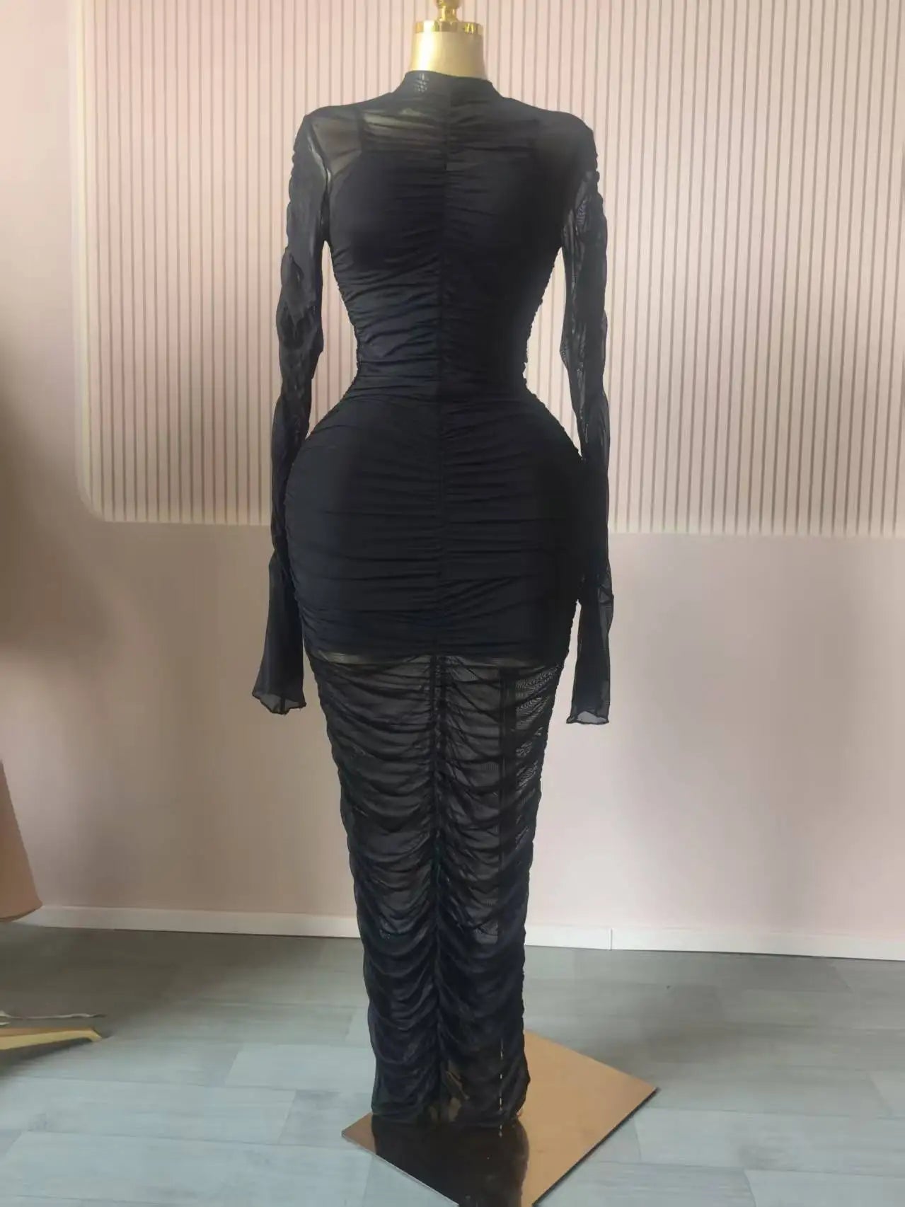 CM.YAYA Women Flare Long Sleeve Stacked Ruched Mesh See Though with Tank Dress Maxi Long Dress 2025 Birthday Sexy Party Dresses