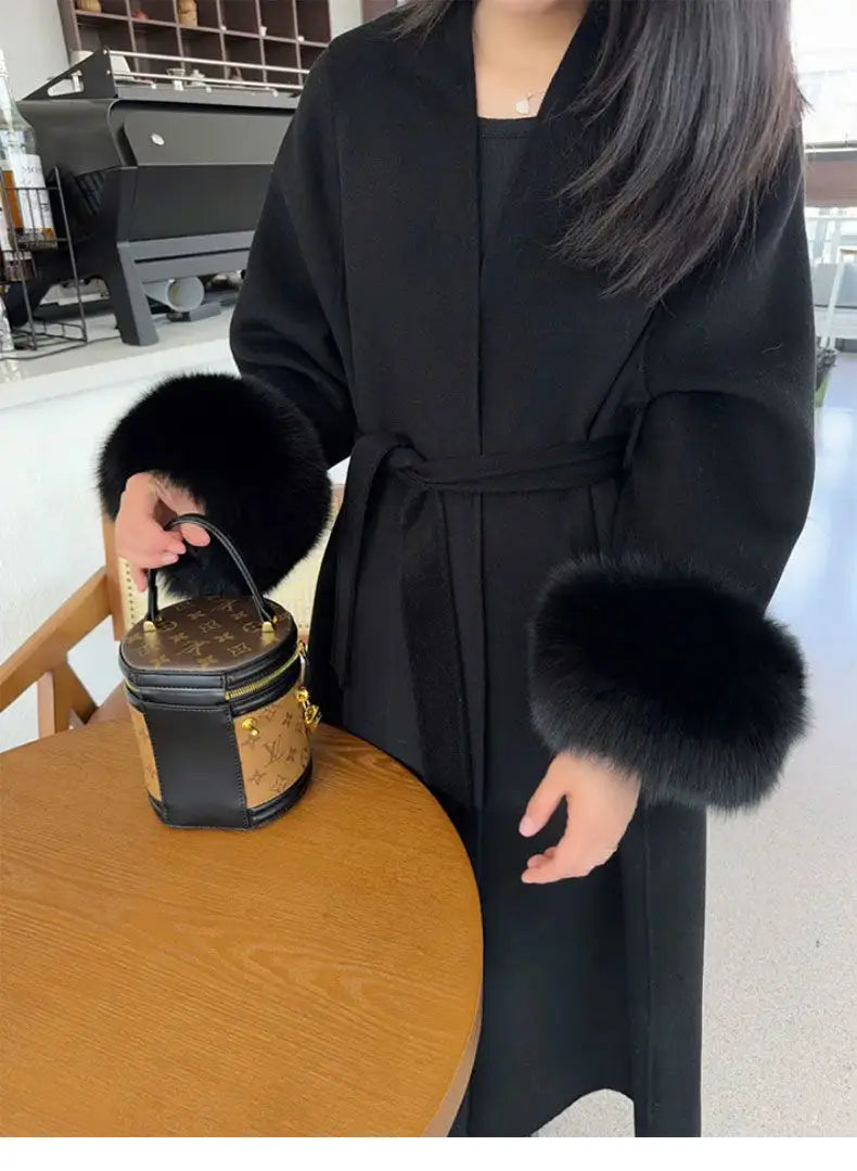 Women Autumn Winter Woolen Coat 2025 New High-End French Style Fur Sleeves Mid-Length Woolen Coat Women Long Coat Loose Outwear