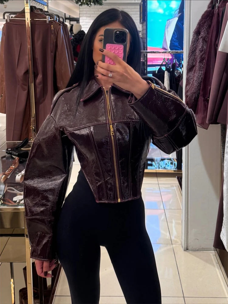 Women Chic Brown Leather Jacket With Belt Chic Full Sleeve Laple Zipper Short Coats 2026 Autumn New Ladies Street Biker Jackets