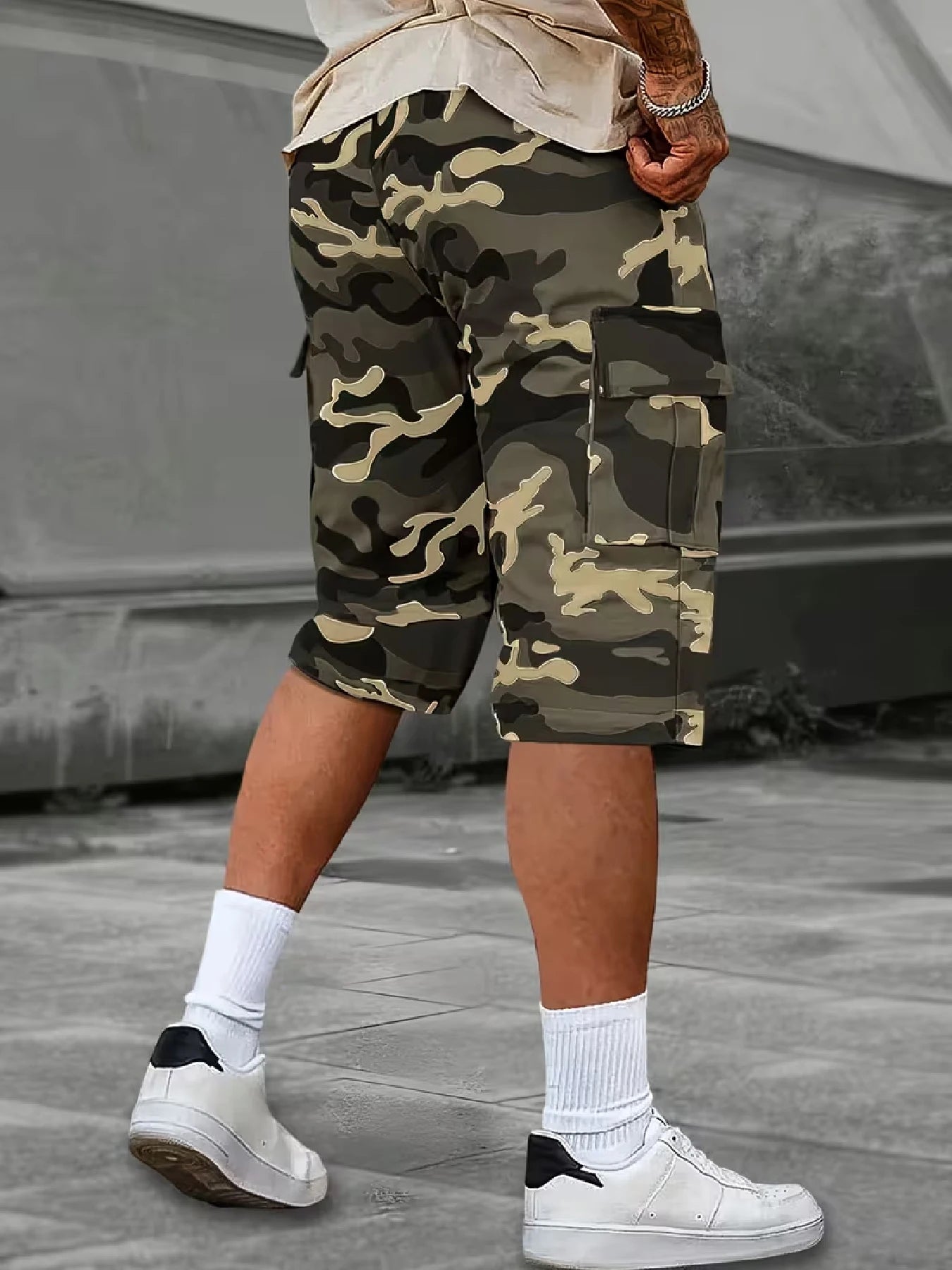 Men's Casual Cargo Shorts — All-Over Print, Non-Stretch Woven Fabric. Features a Dual Elastic Waistband and Drawstring Design; A