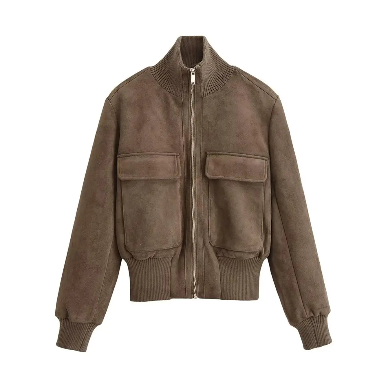 TFMLN 2026 Women Suede Leather Jacket with Pockets Autumn Winter High Collar Long Sleeve Zipper Jacket Lady Slim Chic Coats