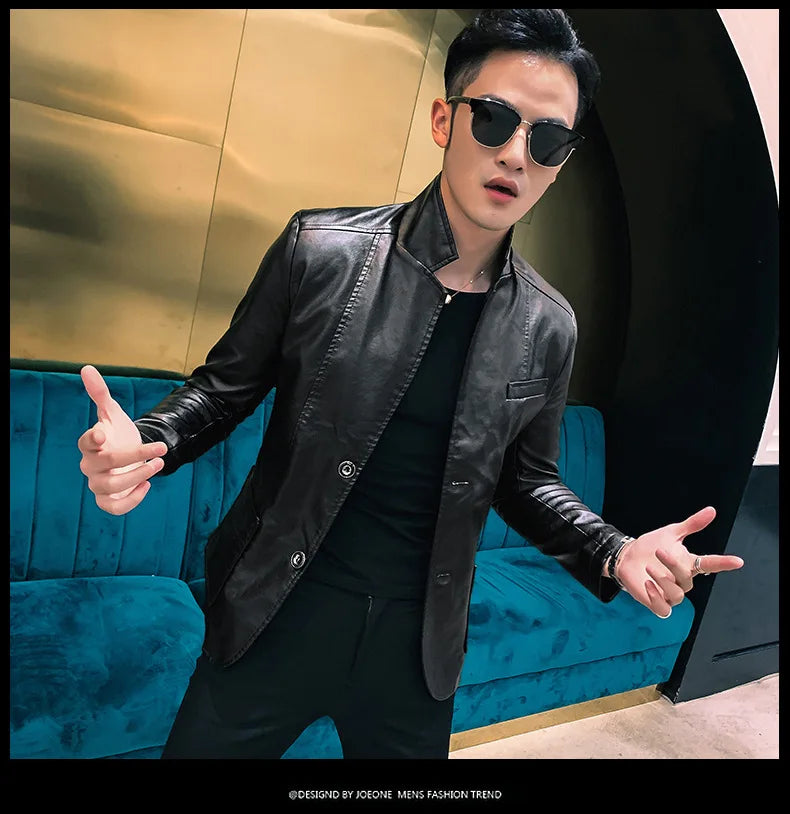 Spring/Autumn Leather Jacket - Plus Size Men's Youth Suit Collar Business Casual Leather Jacket European Sizes XS-3XL