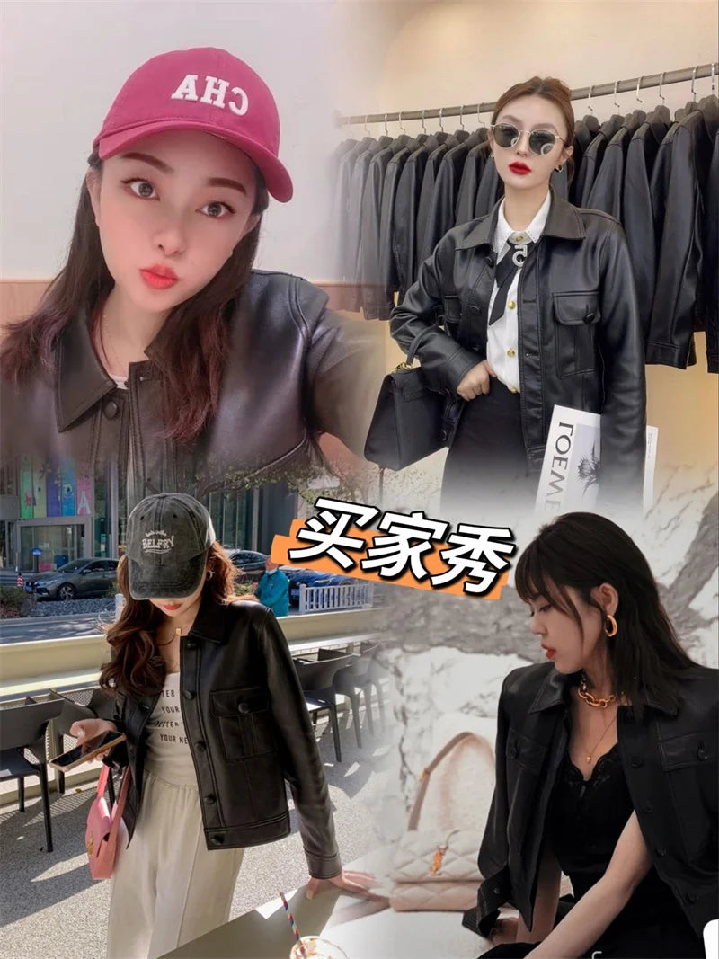 Lapel PU Leather Jacket Women 2026Spring Autumn New Coat Fashion Locomotive Goddess Overcoat High Quality Short Outerwear Female