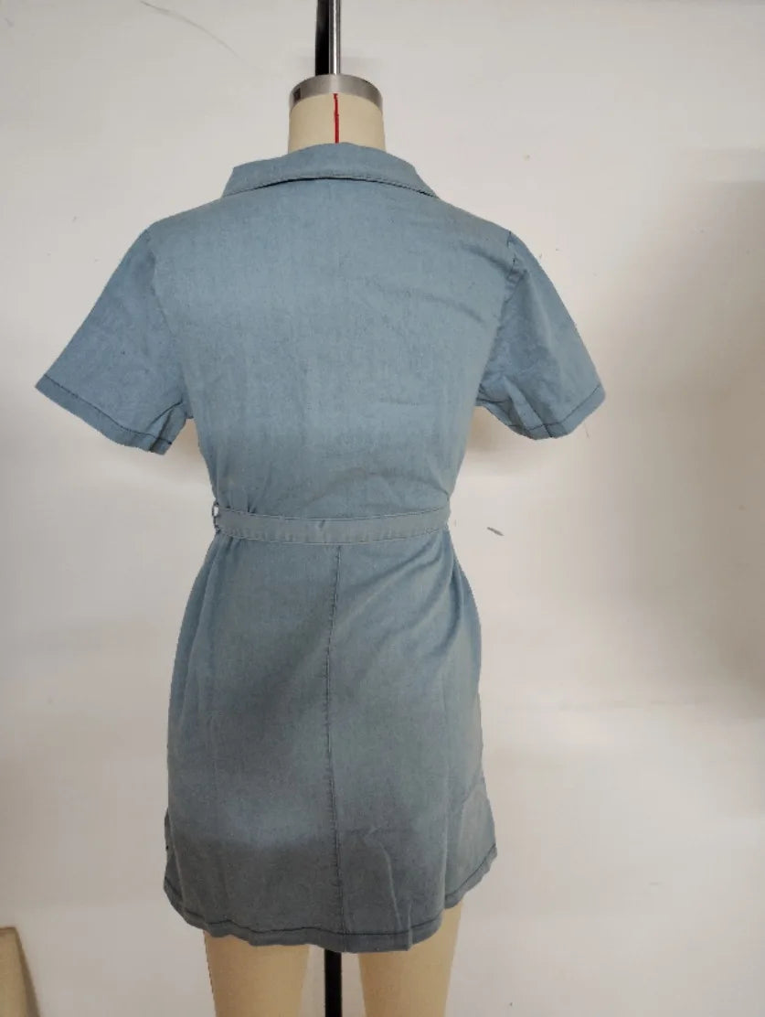 Denim Dresses Women Mini Dress Vintage Turn Down Collar Lace Up Zipper Pockets Distressed Summer Vestidos Streetwear 2025
