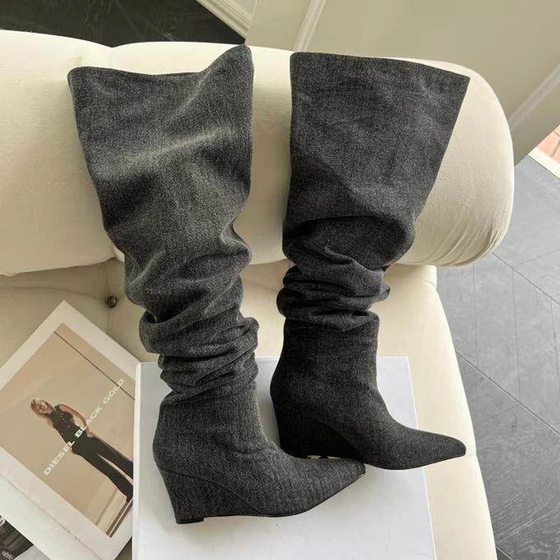 ZAROY Hot Girl Knight Long Boots Winter Stretch Denim Knee-high Boots Cozy Slip On Point Toe Wedge High Heels Sexy Long Booties
