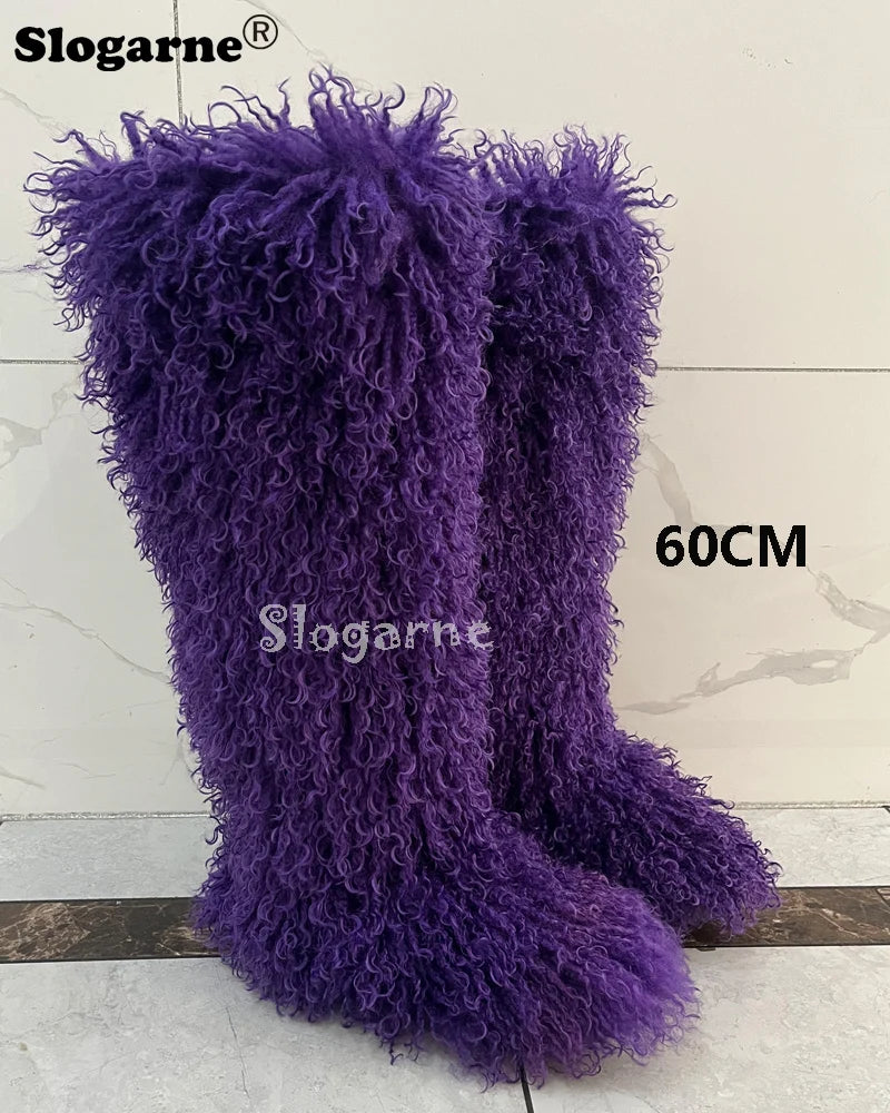 New Over The Knee Fur Boots Women Warm 72CM Long Faux Mongolian Fur Snow Boots Winter Luxury Fluffy Shoes Plush Platform Shoes