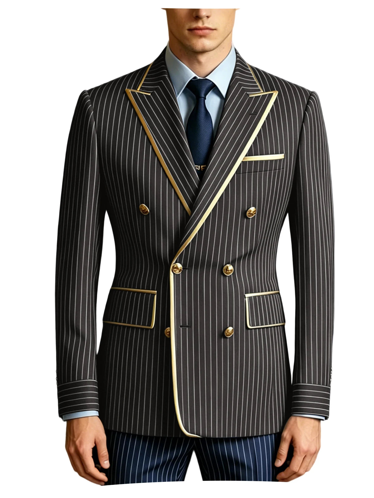 Men's Double Breasted Pinstripe Blazer Slim Fit Formal Business Suit Jacket Luxury Gold Trim  Tuxedo for Wedding Party Office