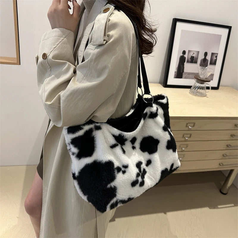 Cow Pattern Plush Shoulder Bag for Women Winter Fashion Purse Handbags Soft Warm Fur Female Casual Messenger Bags