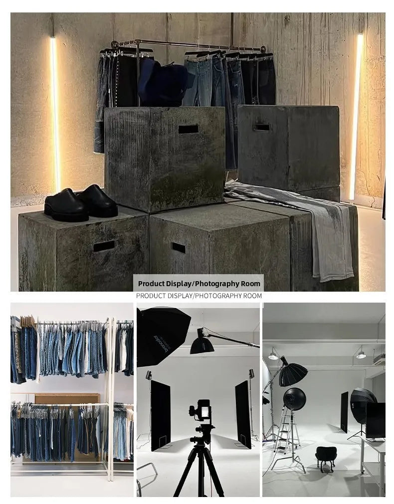 American Retro Washed Denim Jeans Multi Pocket Loose Slimming Long Trousers Straight Cut Mid Waist Zipper Fly Casual Jeans