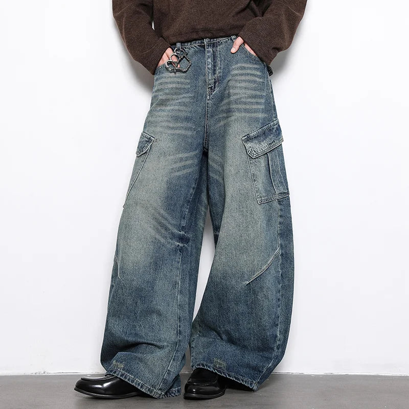 Autumn Men's Hip Hop Fashion Pockets Baggy Jeans High Street Vintage Straight-Leg Denim Pantalones Harajuku Y2K Blue Cargo Jean